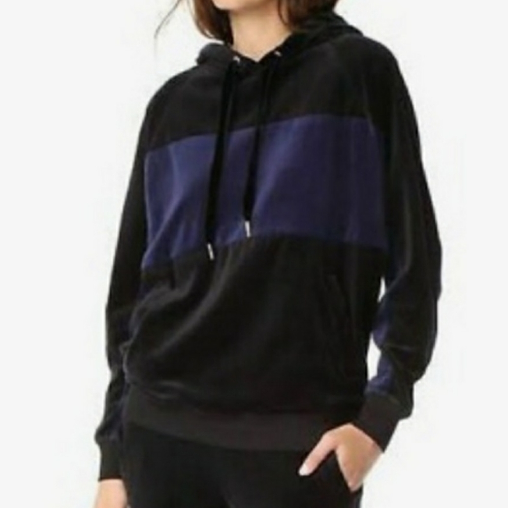 Champion Elite Velour Black Blue Hoodie Medium Unisex Pullover